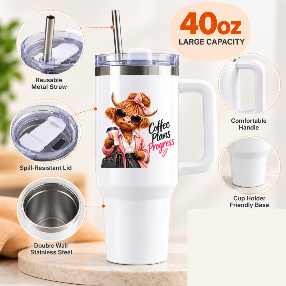 Sassy Highland Cow Travel Tumbler "Coffee Plans Progress" Graphic 40oz Stainless Steel Insulated Travel Mug with Handle & Straw – Fashion Cow in Pink Blazer, Sunglasses, Handbag & Coffee Cup Novelty Travel Cup | Fast Dispatch by UK Seller (T3021)