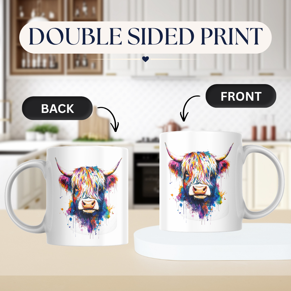 Colorful Watercolor Splash Highland Cow Ceramic Coffee Mug (M1209)