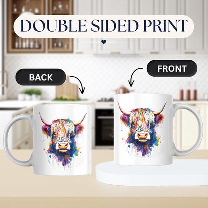 Colorful Watercolor Splash Highland Cow Ceramic Coffee Mug (M1209)