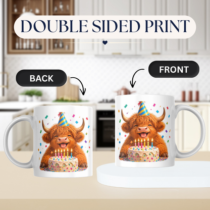 Festive Mug Birthday Highland Cow Ceramic Coffee Mug – Cute Celebration Farm Animal Party Hat & Cake Tea Cup Gift 350ml | Available in Multicolours | Fast Dispatch by UK Seller (M1229)