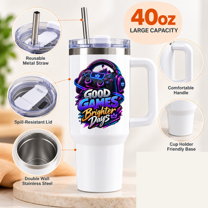 Neon Gaming Travel Tumbler "Good Games Brighter Days" Graphic 40oz Stainless Steel Insulated Travel Mug with Handle & Straw – Headset, Game Controller & Neon Swirl Novelty Gift for Gamers | Fast Dispatch by UK Seller (T3060)