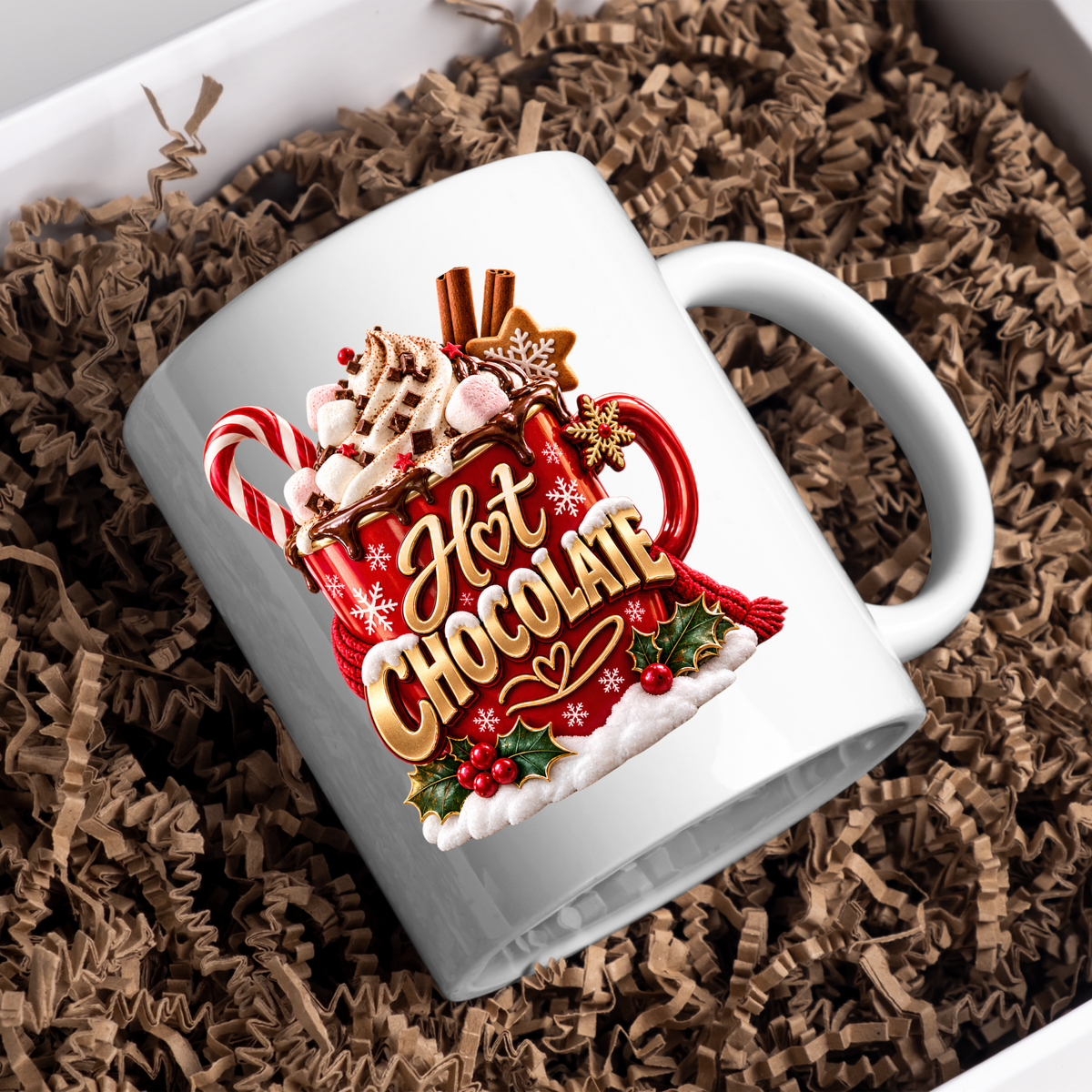 Christmas Mug "Hot Chocolate" Hot Chocolate 325ml Ceramic Coffee Mug – Festive Red Mug with Marshmallows, Candy Cane, Cinnamon & Whipped Cream Art | Winter Holiday Gift | Fast Dispatch by UK Seller (M3359)