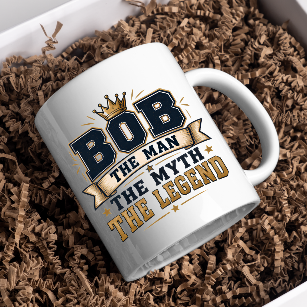 Personalized Name Mug "Bob The Man The Myth The Legend" Bob The Man The Myth The Legend 325ml Ceramic Coffee Mug – Custom Name Typography Slogan with Gold Crown, Banner & Stars | Funny Gift | Fast Dispatch by UK Seller (M3416)