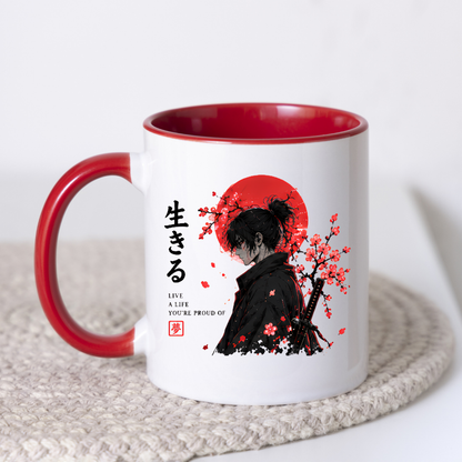 Japanese Anime Samurai Mug "LIVE A LIFE You'Re Proud Of" Red Sun & Cherry Blossom 325ml Ceramic Coffee Mug – Aesthetic Warrior Tea Cup with Kanji Katana Graphic Gift | Available in Multicolours | Fast Dispatch by UK Seller (M3032)