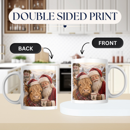 Festive Santa and Highland Cow Christmas Coffee Mug - Cozy Winter Holiday Ceramic Tea Cup with Plaid Scarf & Snow Scene Gift (M1214)