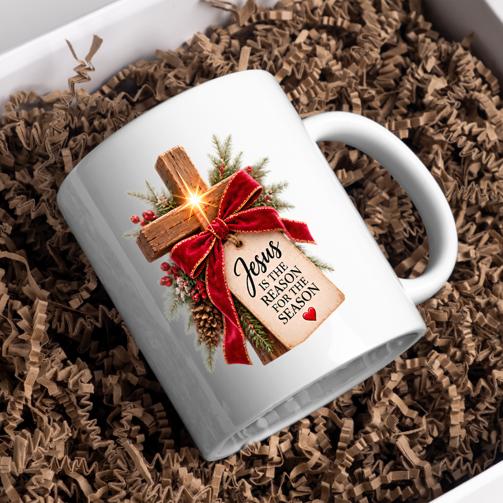 Christmas Mug "Jesus Is The Reason For The Season Wooden Cross" 325ml Ceramic Coffee Mug – Rustic Wooden Cross With Velvet Bow Pine Red Berries Christian Holiday Gift | Available in Multicolours | Fast Dispatch by UK Seller (M3297)