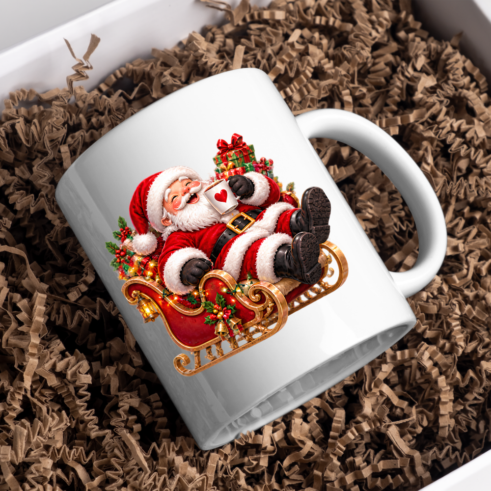 Christmas Mug "Relaxing Santa Sleigh Coffee Heart" Relaxing Santa Sleigh 325ml Ceramic Coffee Mug – Festive Christmas Tea Cup with Jolly Santa Claus In Sleigh Heart Mug Graphic Gift | Available in Multicolours | Fast Dispatch by UK Seller (M3182)