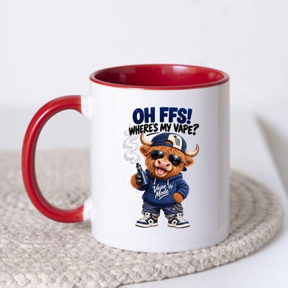 Funny Highland Cow Mug "Oh FFS! Where's My V?" Sarcastic Meme Animal 350ml Ceramic Coffee & Tea Cup “ Novelty Cool Scottish Cattle Gift | Available in Multicolours | Fast Dispatch by UK Seller (M1320)