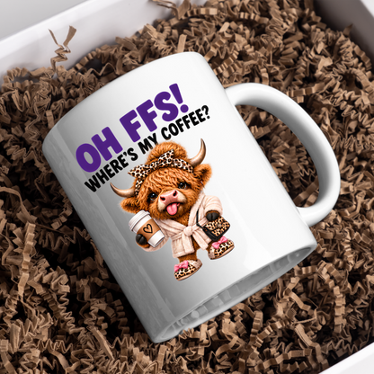 Highland Cow Coffee Mug "OH FFS! Where's My Coffee?" Oh Ffs! Where's My Coffee? 325ml Ceramic Coffee Mug – Cute Highland Cow in Bathrobe with Leopard Bow, Slippers & Coffee Cup | Funny Gift | Fast Dispatch by UK Seller (M3377)