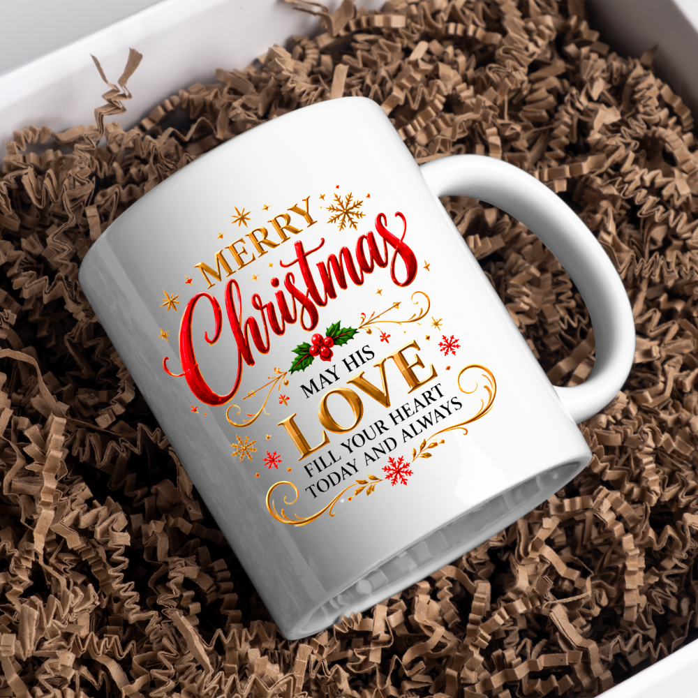 Christmas Mug "Merry Christmas May His Love Fill Your Heart" 325ml Ceramic Coffee Mug – Christian Holiday Blessing Mug With Holly Berries Gold Snowflakes Festive Gift | Available in Multicolours | Fast Dispatch by UK Seller (M3291)