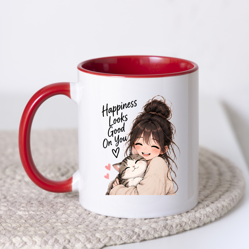 Inspirational Anime Mug "Happiness Looks Good On You" Cute Anime Girl & Cat 325ml Ceramic Coffee Mug Wholesome Kitten Tea Cup with Cute Girl Hugging Cat Graphic Gift | Available in Multicolours | Fast Dispatch by UK Seller (M3024)