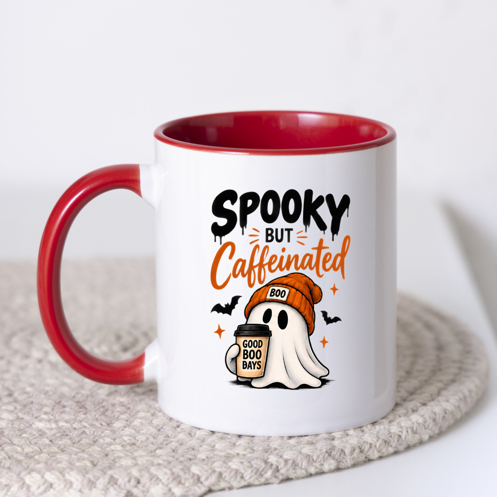 Halloween Mug "SPOOKY BUT Caffeinated" Cute Ghost 325ml Ceramic Coffee Mug – Novelty Autumn Beanie Ghost Tea Cup with Coffee Cup & Bats Graphic Gift | Available in Multicolours | Fast Dispatch by UK Seller (M3068)