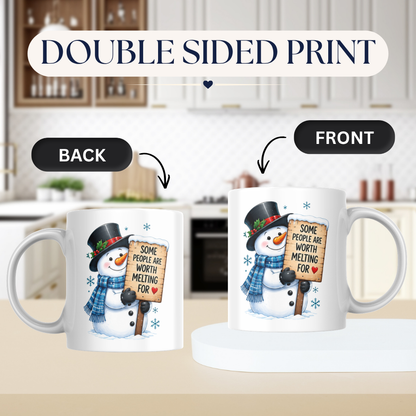 Heartwarming Mug "Some People Are Worth Melting For" Snowman Ceramic Coffee Mug – Cute Winter Holiday Tea Cup with Blue Scarf & Wooden Sign Quote Gift | Available in Multicolours | Fast Dispatch by UK Seller (M1233)