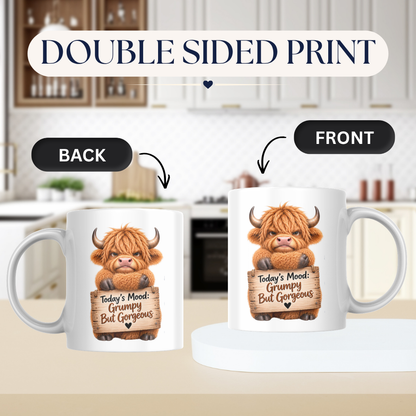 Grumpy Mug But Gorgeous Highland Cow Ceramic Coffee Mug – Funny Sassy Farm Animal Wooden Sign Quote Tea Cup Gift 350ml | Available in Multicolours | Fast Dispatch by UK Seller (M1227)