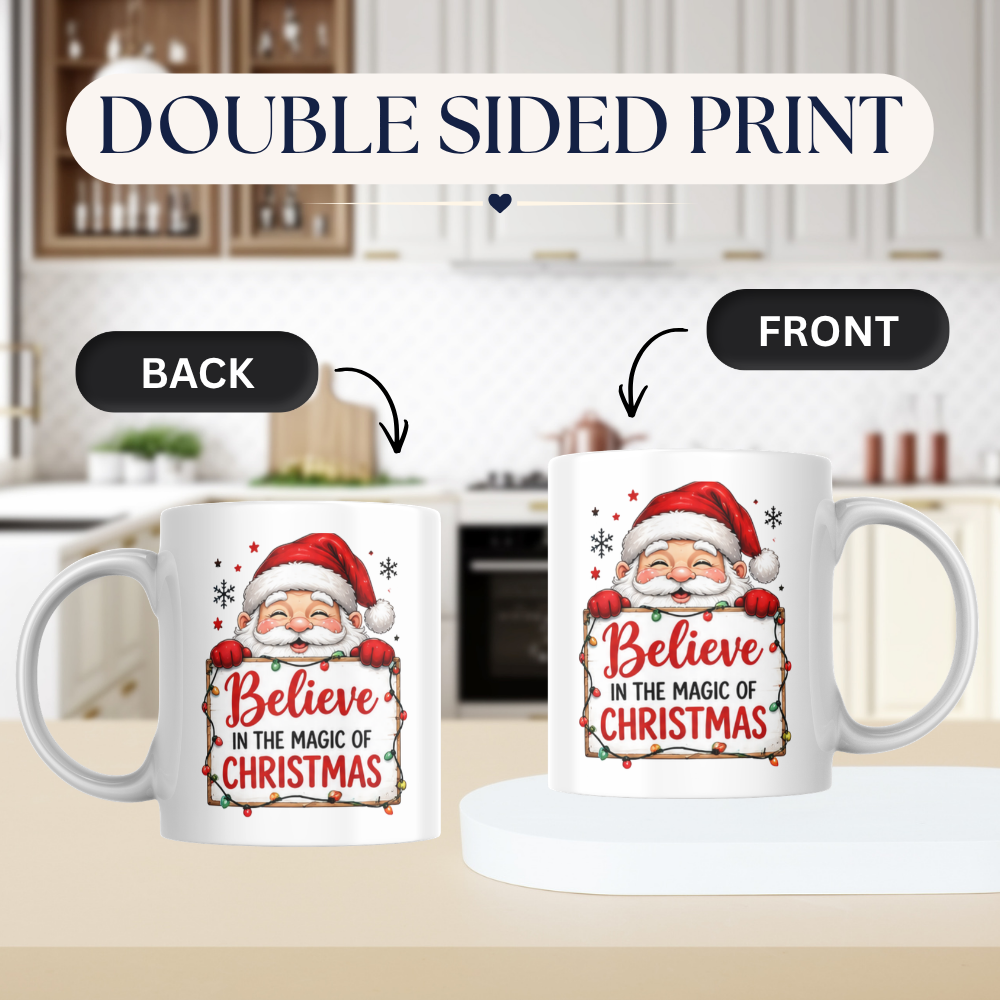 Magical Mug "Believe in the Magic of Christmas" Santa Ceramic Coffee Mug – Cute Holiday Tea Cup with Fairy Lights & Wooden Sign Gift 350ml | Available in Multicolours | Fast Dispatch by UK Seller (M1236)