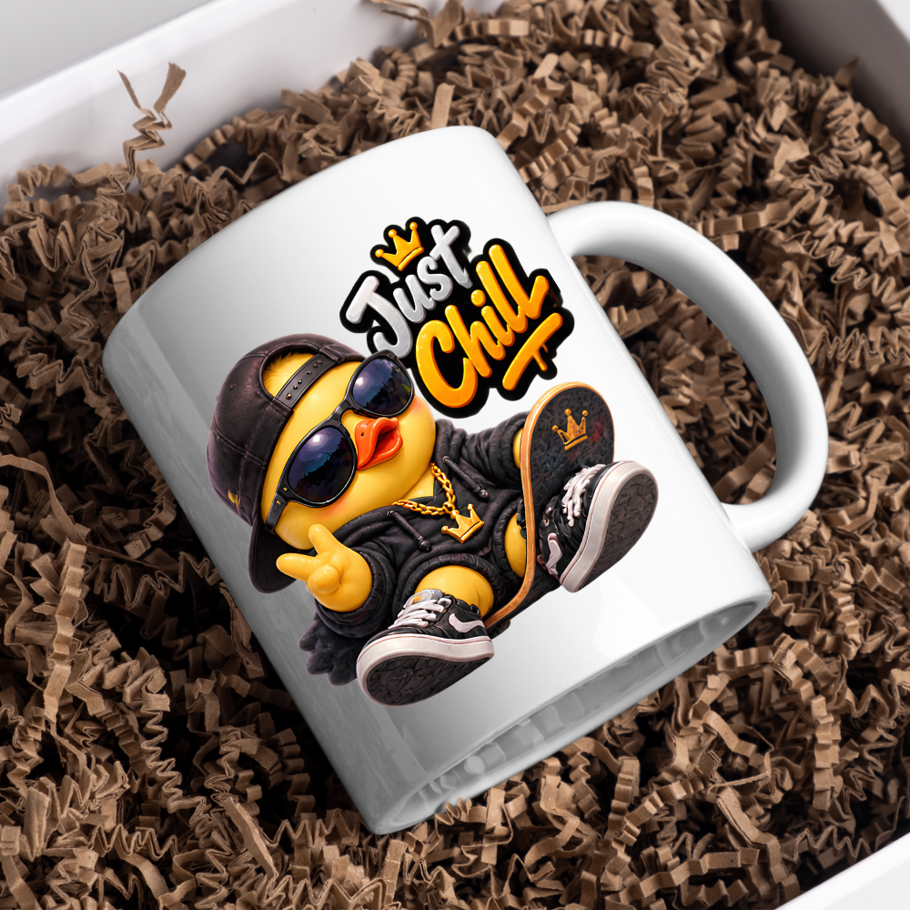 Skateboard Mug "Just Chill Cool Duck" Just Chill 325ml Ceramic Coffee Mug – Cool Skater Duck in Black Hoodie, Cap, Sunglasses & Gold Crown Chain With Skateboard Fun Gift For Skaters Friends | Available in Multicolours | Fast Dispatch by UK Seller (M3252)