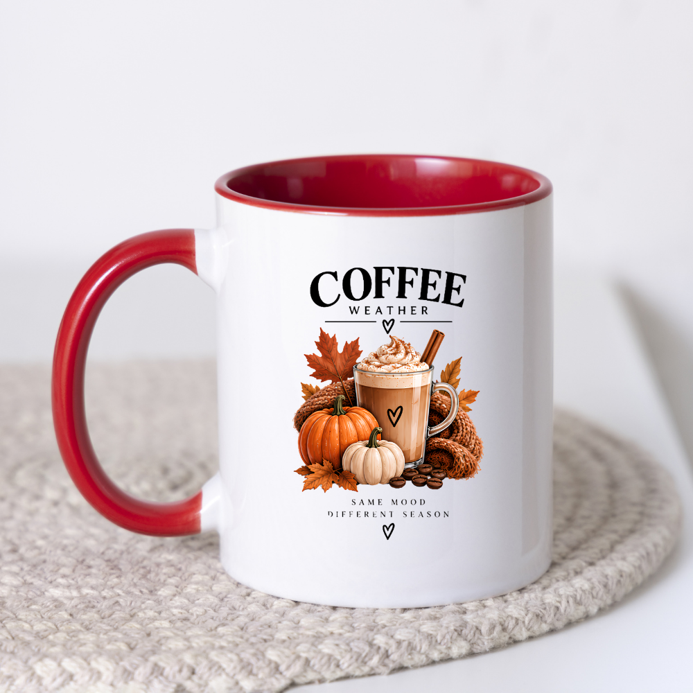 Cozy Autumn Pumpkin Spice Latte Mug "Coffee Weather: Same Mood Different Season" Graphic 325ml Ceramic Coffee Cup Autumn Drink with Whipped Cream Novelty Tea Cup | Cozy Fall Gift for Coffee Lovers | Available in Multicolours | Fast Dispatch (M3132)