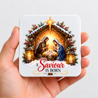 Christmas Nativity Hardboard Coaster "A Saviour Is Born" Graphic 9cm x 9cm Square Drinks Coaster “ Holy Family Manger Scene with Star of Bethlehem & Dual Candle Lanterns Novelty Mat | Christian Glossy Gift | Fast Dispatch by UK Seller (C3034)