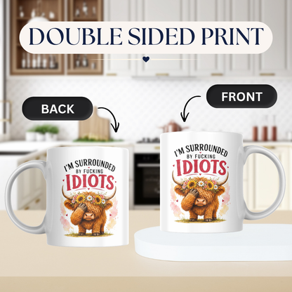 Funny Facepalm Highland Cow "I'm Surrounded by Fucking Idiots" Coffee Mug - Sarcastic Farm Animal Ceramic Tea Cup with Sunflower Crown & Relatable Meme Quote Gift (M1210)
