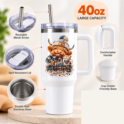 Cute Highland Cow Travel Tumbler "Good Vibes Highland Cow" Graphic 40oz Stainless Steel Insulated Travel Mug with Handle & Straw â€“ Winter Calf in Bobble Hat & Scarf with Hot Chocolate Novelty Travel Cup | Fast Dispatch by UK Seller (T3002)