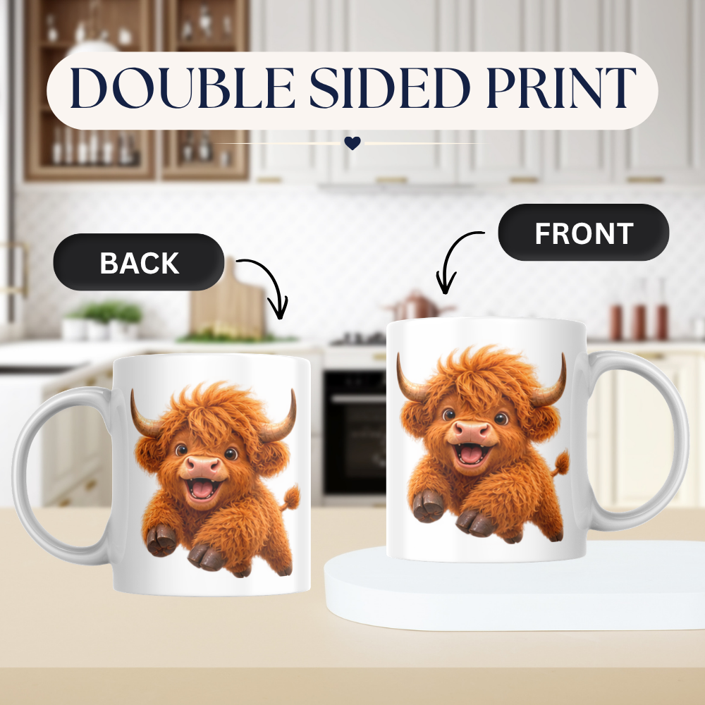 Joyful Jumping Baby Highland Cow Coffee Mug - Cute Playful Farm Animal Ceramic Tea Cup for Happy Morning & Animal Lover Gift (M1216)