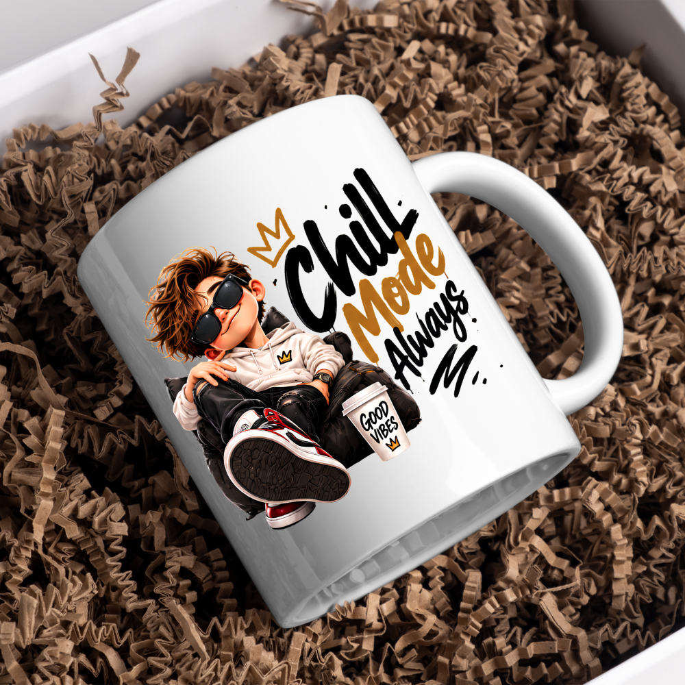 Chill Mug "Chill Mode Always" 325ml Ceramic Coffee Tea Cup – Cool Boy Graphic, Sunglasses, Hoodie & Good Vibes Slogan Novelty Gift for Bestie, Teens, Birthday – Fast Dispatch by UK Seller (M3497)