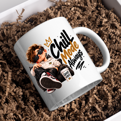 Chill Mug "Chill Mode Always" 325ml Ceramic Coffee Tea Cup – Cool Boy Graphic, Sunglasses, Hoodie & Good Vibes Slogan Novelty Gift for Bestie, Teens, Birthday – Fast Dispatch by UK Seller (M3497)