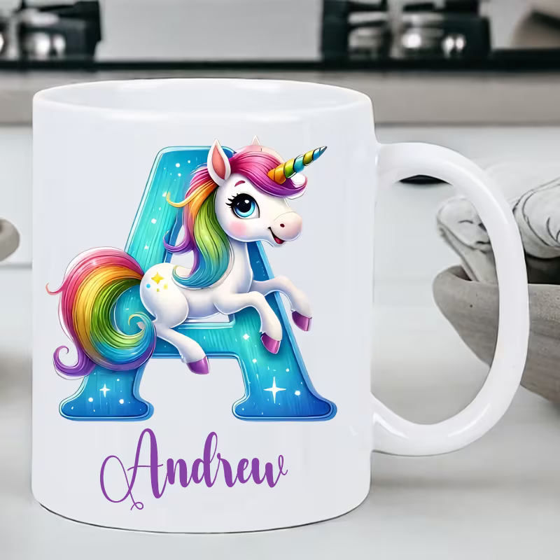 Personalized "Alphabet Unicorn" Ceramic Coffee Mug – Custom Letter & Name, Rainbow Magical Fantasy Kids Novelty Cup (M1169)