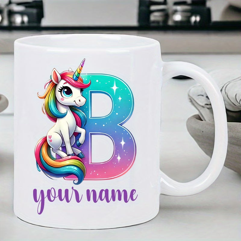 Personalized "Alphabet Unicorn" Ceramic Coffee Mug – Custom Letter & Name, Rainbow Magical Fantasy Kids Novelty Cup (M1169)
