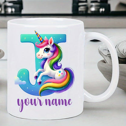 Personalized "Alphabet Unicorn" Ceramic Coffee Mug – Custom Letter & Name, Rainbow Magical Fantasy Kids Novelty Cup (M1169)