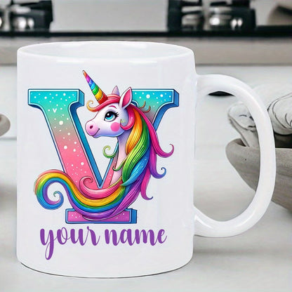 Personalized "Alphabet Unicorn" Ceramic Coffee Mug – Custom Letter & Name, Rainbow Magical Fantasy Kids Novelty Cup (M1169)