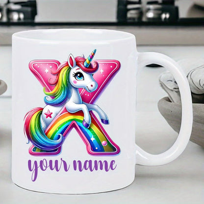 Personalized "Alphabet Unicorn" Ceramic Coffee Mug – Custom Letter & Name, Rainbow Magical Fantasy Kids Novelty Cup (M1169)