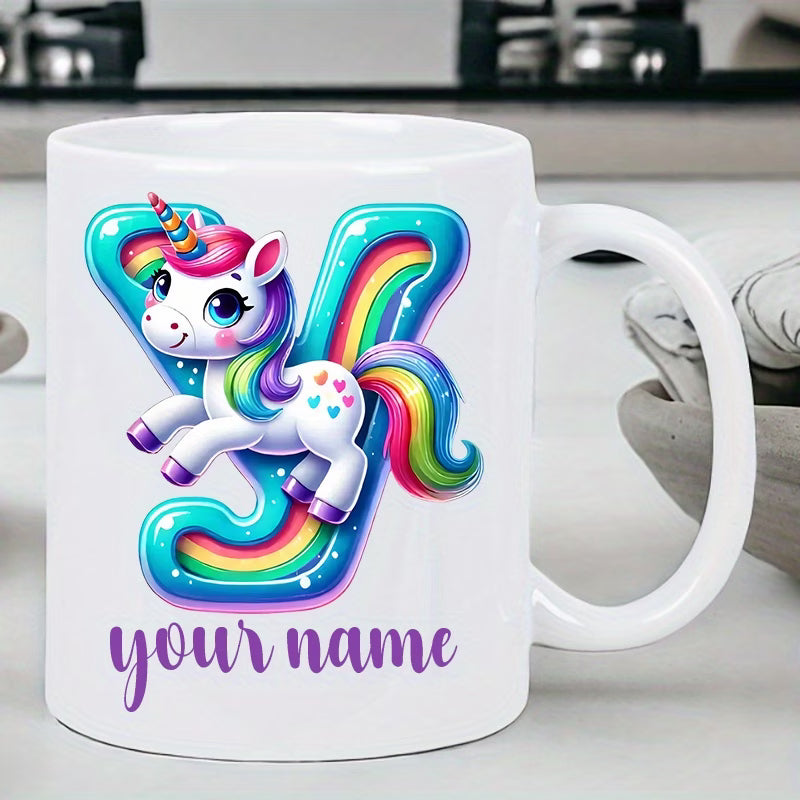 Personalized "Alphabet Unicorn" Ceramic Coffee Mug – Custom Letter & Name, Rainbow Magical Fantasy Kids Novelty Cup (M1169)