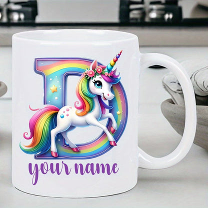 Personalized "Alphabet Unicorn" Ceramic Coffee Mug – Custom Letter & Name, Rainbow Magical Fantasy Kids Novelty Cup (M1169)