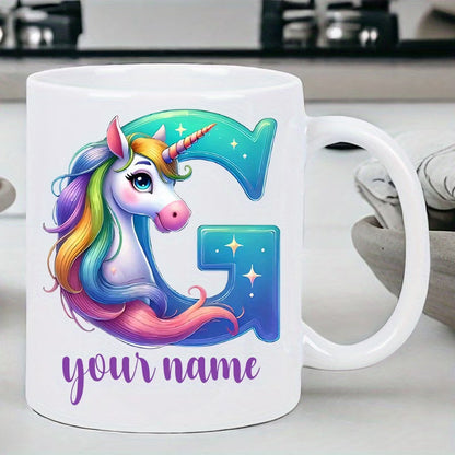 Personalized "Alphabet Unicorn" Ceramic Coffee Mug – Custom Letter & Name, Rainbow Magical Fantasy Kids Novelty Cup (M1169)
