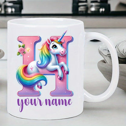 Personalized "Alphabet Unicorn" Ceramic Coffee Mug – Custom Letter & Name, Rainbow Magical Fantasy Kids Novelty Cup (M1169)