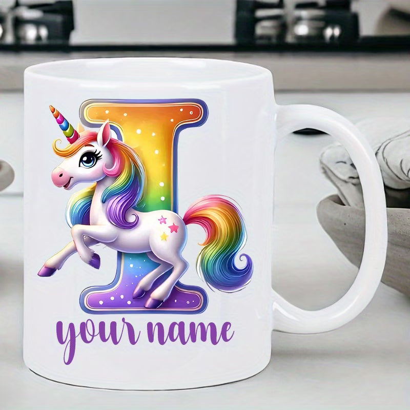 Personalized "Alphabet Unicorn" Ceramic Coffee Mug – Custom Letter & Name, Rainbow Magical Fantasy Kids Novelty Cup (M1169)