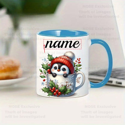 Personalized "Baby Penguin in Snowflake Mug" Ceramic Coffee Mug – Custom Name Cute Winter Holiday Animal & Christmas Novelty Cup (M1150)