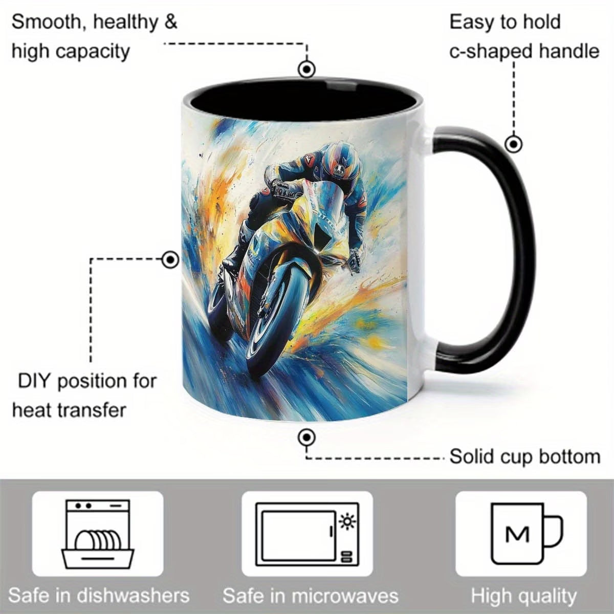 Dynamic Motorcycle Racer Art Ceramic Coffee Mug – Racing Bike Novelty Cup with Black Rim & Handle(M1089)