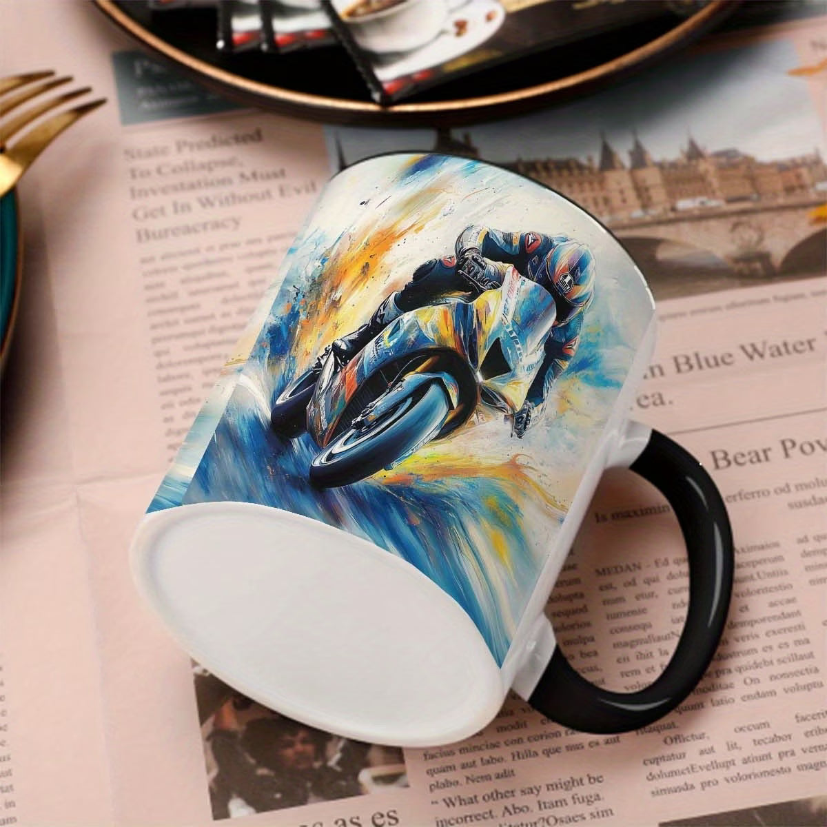 Dynamic Motorcycle Racer Art Ceramic Coffee Mug – Racing Bike Novelty Cup with Black Rim & Handle(M1089)