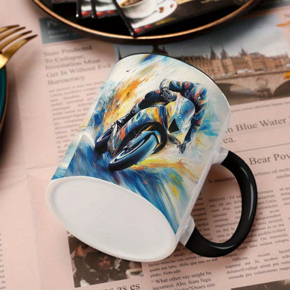 Dynamic Motorcycle Racer Art Ceramic Coffee Mug – Racing Bike Novelty Cup with Black Rim & Handle(M1089)