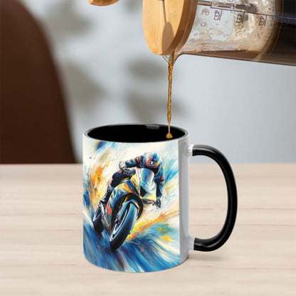Dynamic Motorcycle Racer Art Ceramic Coffee Mug – Racing Bike Novelty Cup with Black Rim & Handle(M1089)