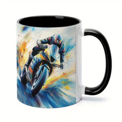 Dynamic Motorcycle Racer Art Ceramic Coffee Mug – Racing Bike Novelty Cup with Black Rim & Handle(M1089)