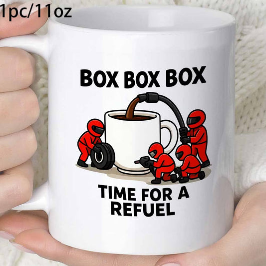 Funny "Box Box Box Time For A Refuel" F1 Pit Crew Ceramic Coffee Mug – Formula 1 Racing & Coffee Lover Novelty Cup with Black Accent (M1107)