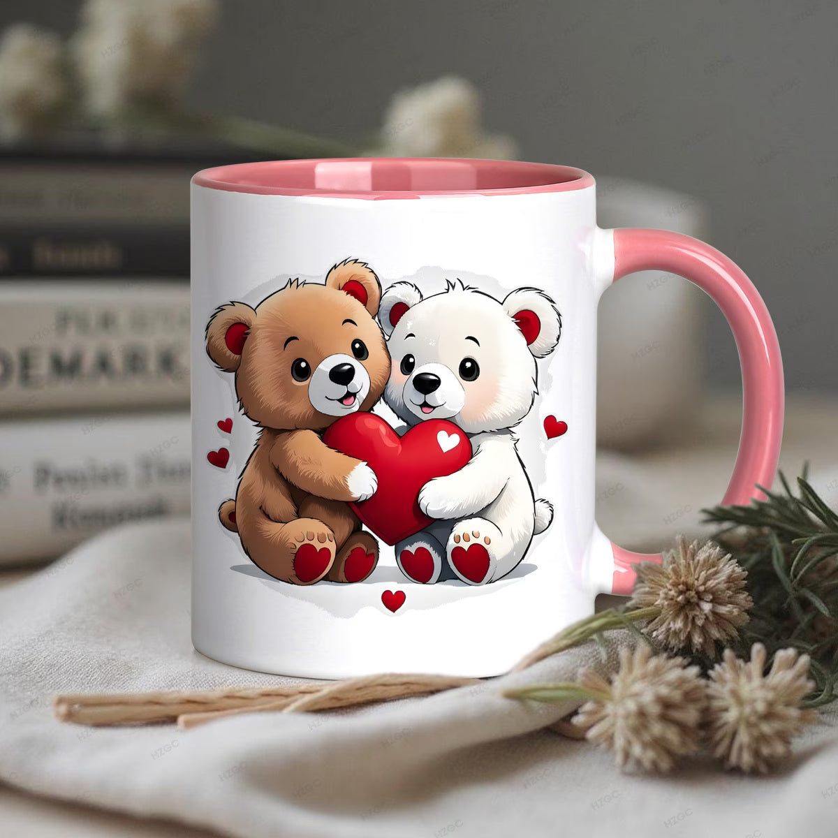 Cute "Two Bears Holding Heart" Ceramic Coffee Mug – Romantic Couple & Valentine's Day Novelty Cup with Pink Accent (M1127)