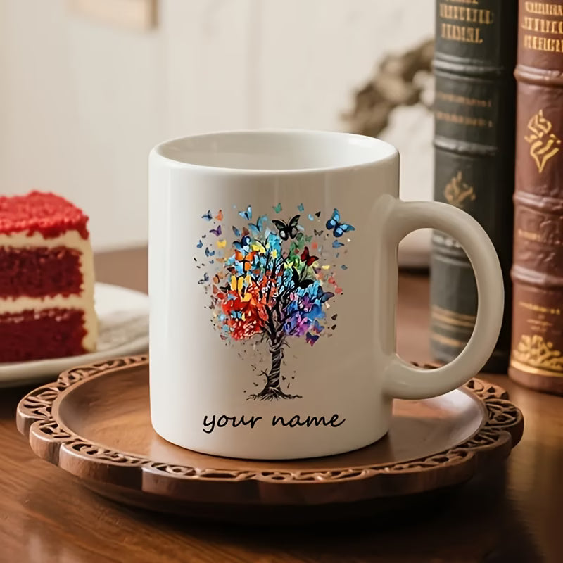 Personalized "Butterfly Tree of Life" Ceramic Coffee Mug – Custom Name Colorful Butterflies, Nature Inspired & Artistic Novelty Cup (M1191)