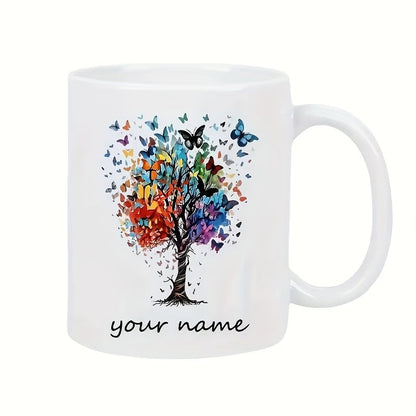 Personalized "Butterfly Tree of Life" Ceramic Coffee Mug – Custom Name Colorful Butterflies, Nature Inspired & Artistic Novelty Cup (M1191)