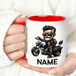Personalized "Cool Biker Guy" Cartoon Motorcycle Ceramic Coffee Mug – Custom Name Biker Novelty Cup with Red Accent (M1092)