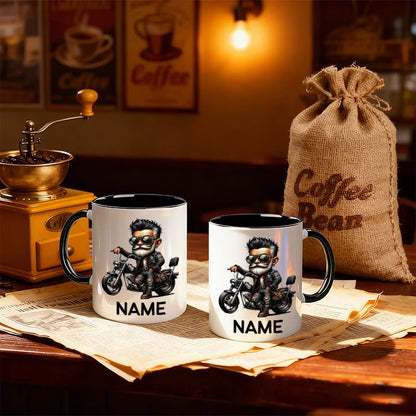 Personalized "Cool Biker Guy" Cartoon Motorcycle Ceramic Coffee Mug – Custom Name Biker Novelty Cup with Red Accent (M1092)