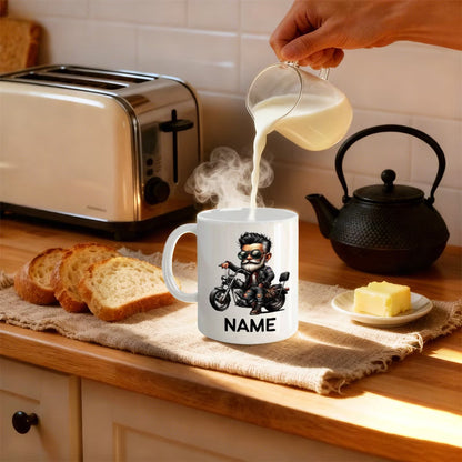 Personalized "Cool Biker Guy" Cartoon Motorcycle Ceramic Coffee Mug – Custom Name Biker Novelty Cup with Red Accent (M1092)